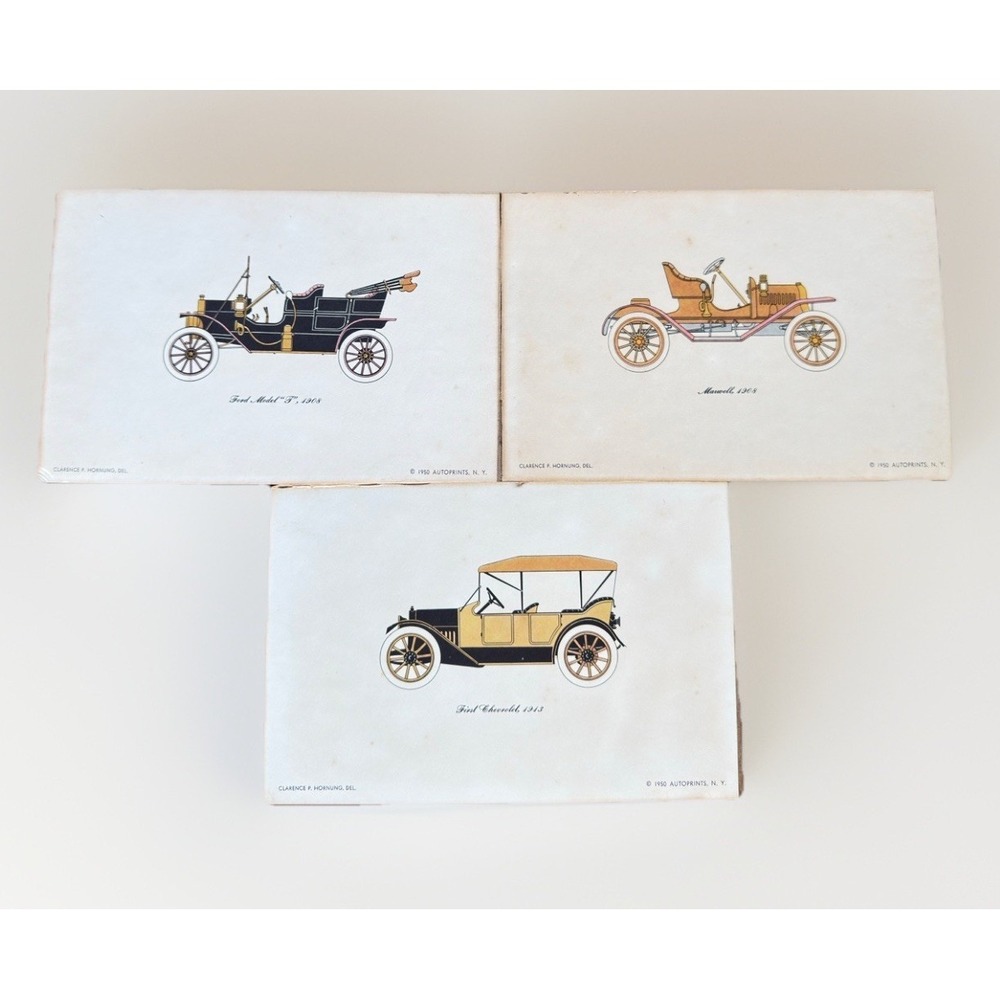 Set Of 3 Vintage 1950 AutoPrints - Ford Model T 1908, First Chevrolet, Maxwell
